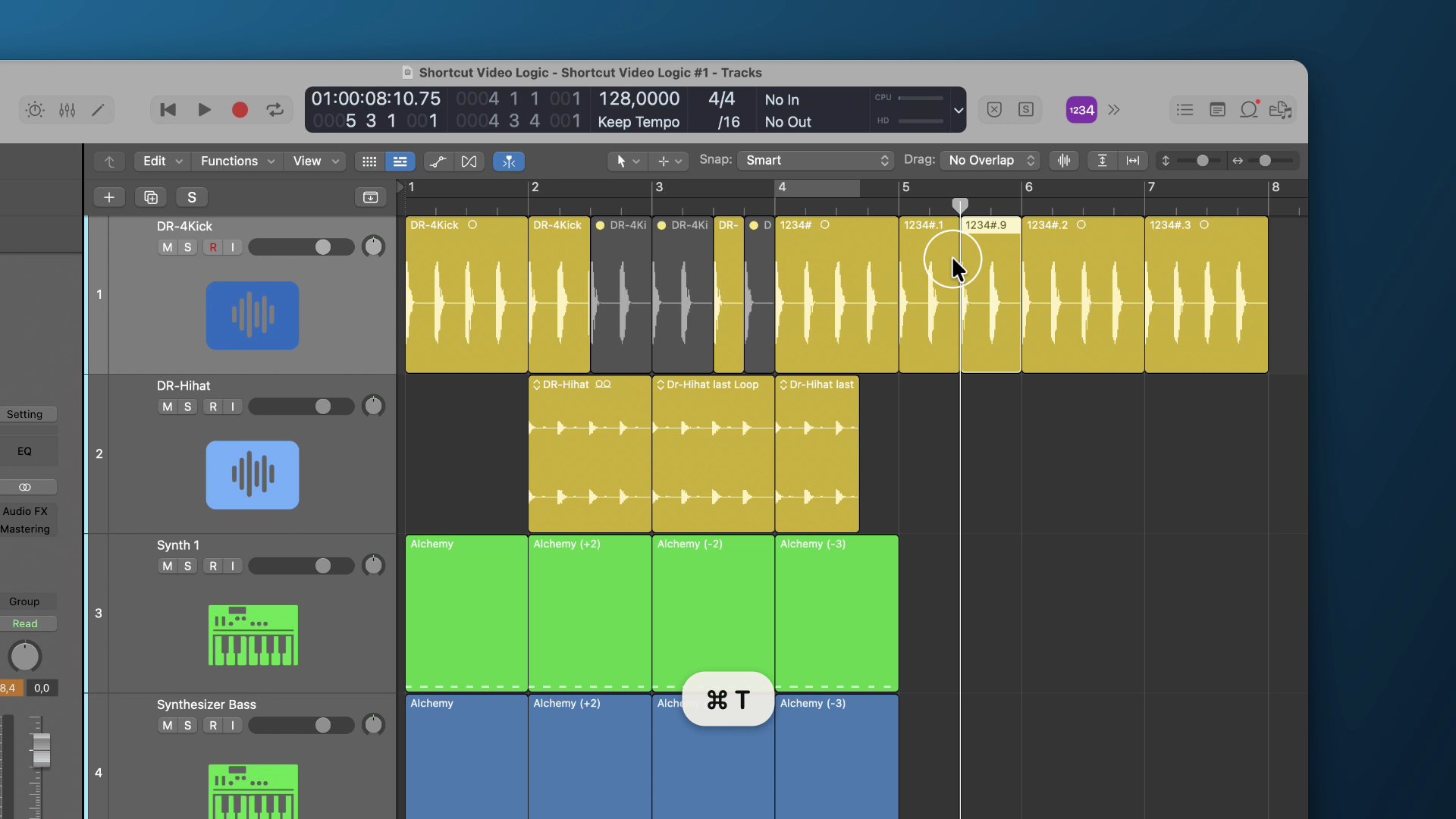 SCREENBLOOM Export: Logic Pro gezoomt mit Cursor-Ring und Einblendung ⌘ T